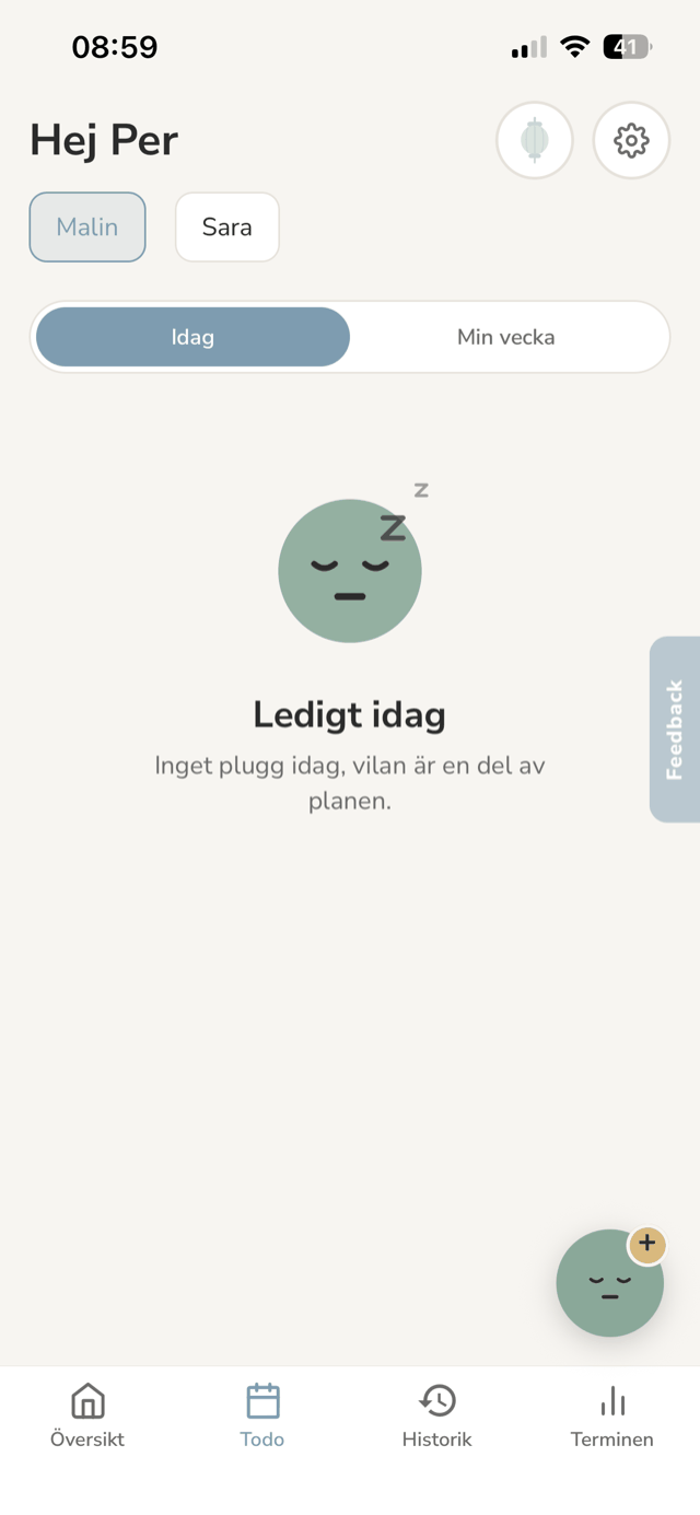 Skärmbild ur appen: Ledigt idag — helgen är vilodag