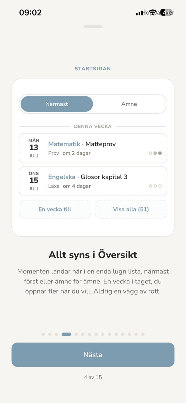 Skärmbild ur appen: Översikten — veckans prov och läxor i en lugn lista