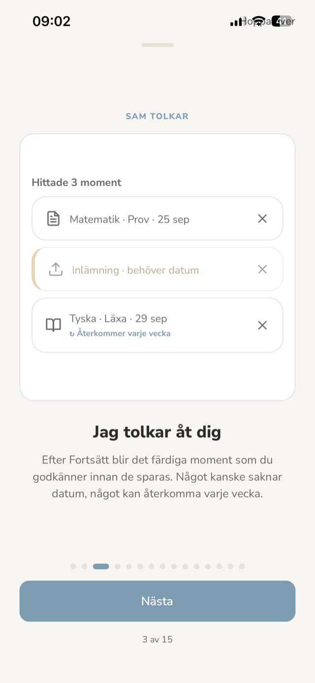 Skärmbild ur appen: Sam tolkar det du skriver och föreslår en plan